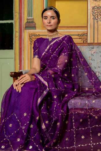 Buy_Geroo Jaipur_Purple Silk, Cotton Gota Patti Embroidered Saree With Blouse _Online_at_Aza_Fashions