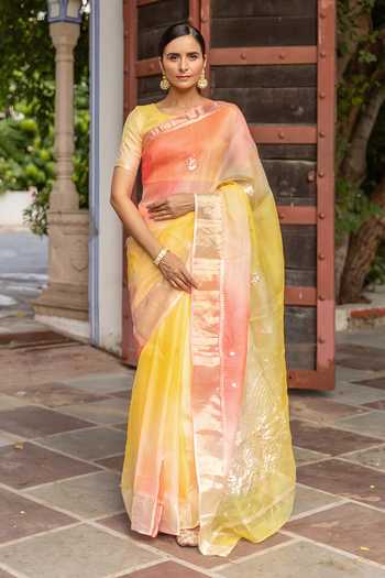 Buy_Geroo Jaipur_Pink Silk, Cotton Round Neck Sequin Motif Saree With Blouse _at_Aza_Fashions