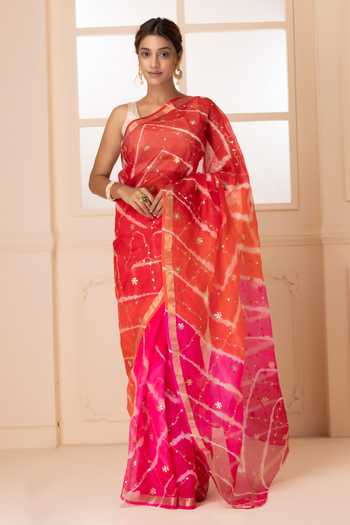 Buy_Geroo Jaipur_Pink Silk Round Neck Tie Dye Pattern Saree With Blouse _at_Aza_Fashions