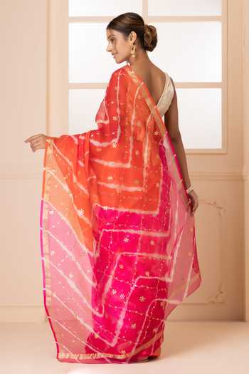 Shop_Geroo Jaipur_Pink Silk Round Neck Tie Dye Pattern Saree With Blouse _at_Aza_Fashions