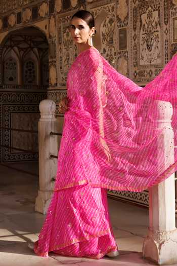 Shop_Geroo Jaipur_Pink Silk, Cotton Mothra Pattern Saree With Blouse _at_Aza_Fashions