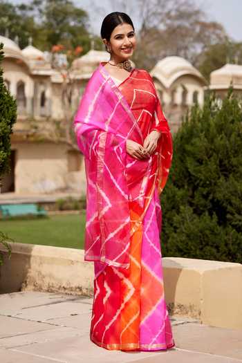 Shop_Geroo Jaipur_Multi Color Silk, Cotton Leheriya Woven Saree With Blouse _Online_at_Aza_Fashions