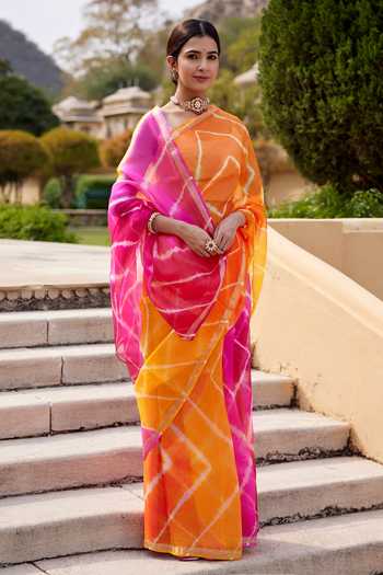 Buy_Geroo Jaipur_Multi Color Silk Round Neck Hand Dyed Saree With Blouse _at_Aza_Fashions