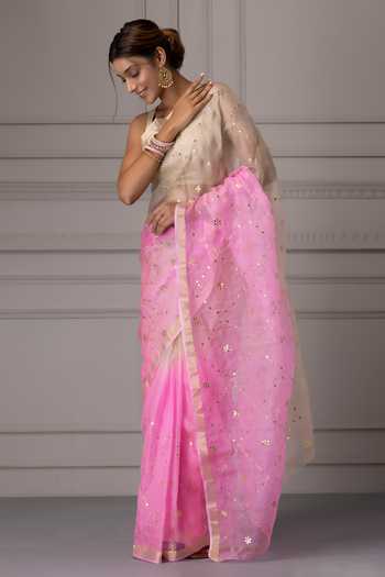 Geroo Jaipur_Pink Silk Square Neck Gota Jaal Work Saree With Blouse _Online_at_Aza_Fashions