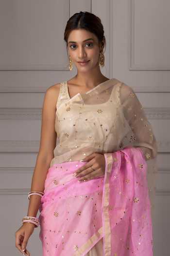 Buy_Geroo Jaipur_Pink Silk Square Neck Gota Jaal Work Saree With Blouse _Online_at_Aza_Fashions