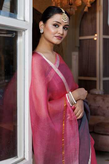 Geroo Jaipur_Pink Kota Doria Round Neck Hand Dyed Saree With Embroidered Blouse _Online_at_Aza_Fashions