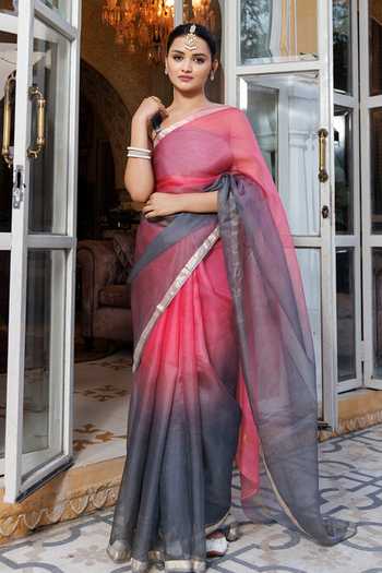 Buy_Geroo Jaipur_Pink Kota Doria Round Neck Hand Dyed Saree With Embroidered Blouse _at_Aza_Fashions