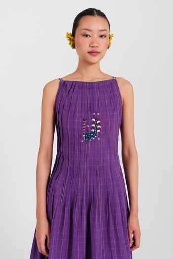 Buy_Jodi_Purple Cotton Boat Neck Drift Handloom Pleated Dress _Online_at_Aza_Fashions