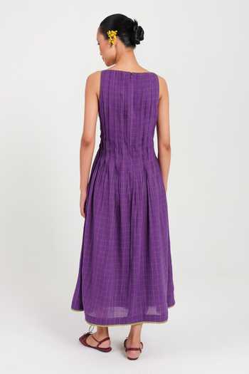 Shop_Jodi_Purple Cotton Boat Neck Drift Handloom Pleated Dress _at_Aza_Fashions