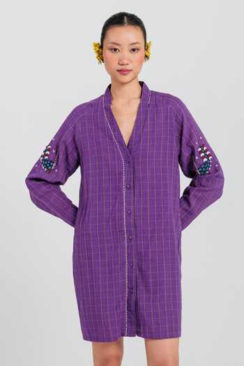 Buy_Jodi_Purple Cotton V-neck Drift Handloom Dress _at_Aza_Fashions