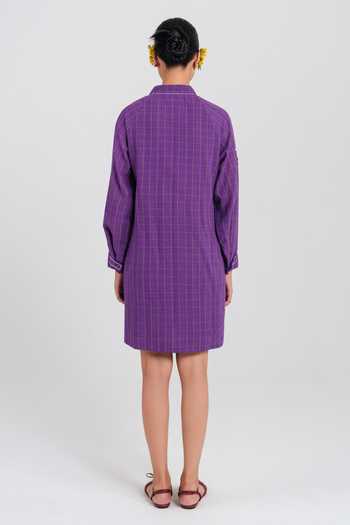 Jodi_Purple Cotton V-neck Drift Handloom Dress _Online_at_Aza_Fashions
