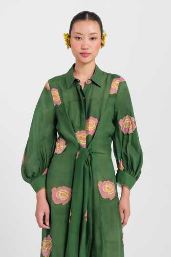 Shop_Jodi_Green Silk, Muslin Button-down Neck Flow Tie-up Printed Maxi Dress _at_Aza_Fashions
