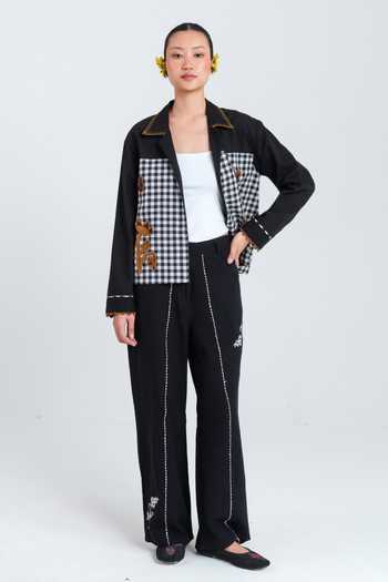 Shop_Jodi_Black Handloom Cotton Collared Neck Groove Jacket _at_Aza_Fashions
