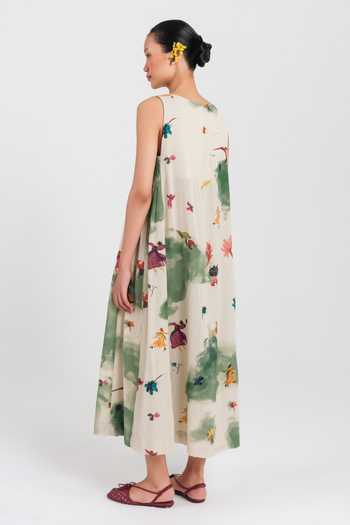 Shop_Jodi_Green Cotton V-neck Sway Day Printed Dress _at_Aza_Fashions