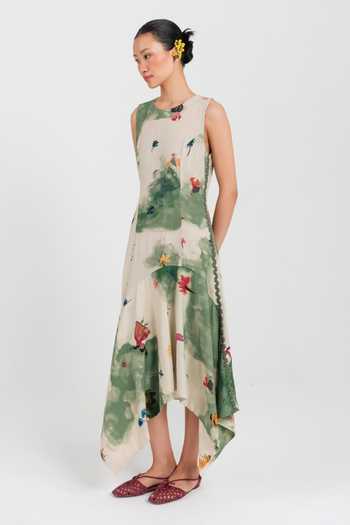 Jodi_Green Cotton Round Neck Sway Asymmetric Printed Dress _Online_at_Aza_Fashions