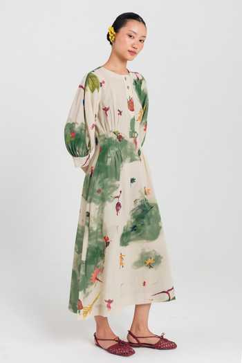 Jodi_Green Cotton Round Neck Sway Printed Midi Dress _Online_at_Aza_Fashions