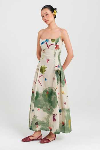 Jodi_Cream Cotton Square Neck Sway Printed Pleated Dress _Online_at_Aza_Fashions