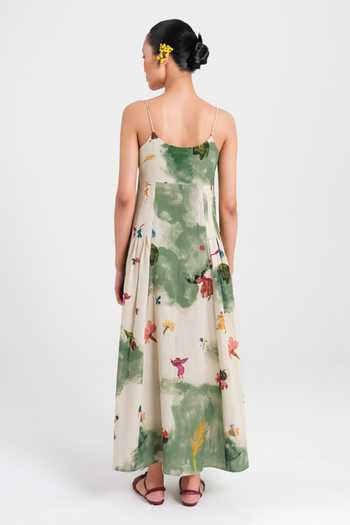 Shop_Jodi_Cream Cotton Square Neck Sway Printed Pleated Dress _at_Aza_Fashions