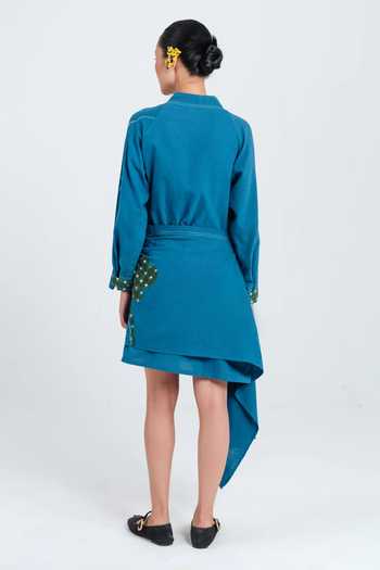 Shop_Jodi_Blue Cotton V-neck Ether Handloom Dress _at_Aza_Fashions