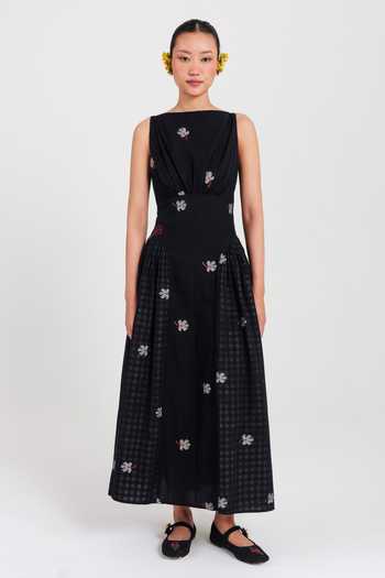 Buy_Jodi_Black Boat Neck Leap Jamdani Panelled Dress _at_Aza_Fashions