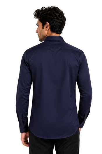 Shop_Varoin Marwah_Blue Cotton Satin Navy Embellished Shirt _at_Aza_Fashions