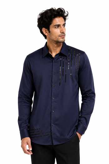 Buy_Varoin Marwah_Blue Cotton Satin Navy Embellished Shirt _at_Aza_Fashions