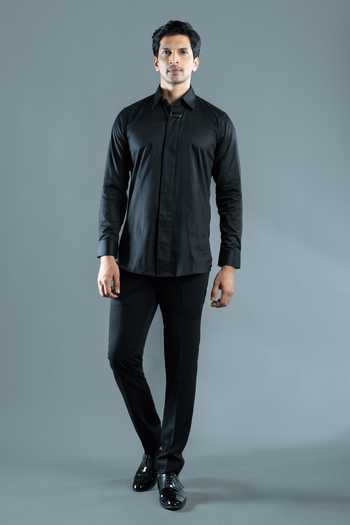 Buy_Varoin Marwah_Black Cotton Satin The D-ring Shirt _Online_at_Aza_Fashions