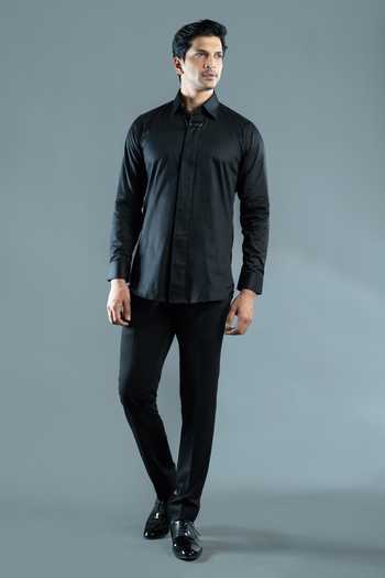 Shop_Varoin Marwah_Black Cotton Satin The D-ring Shirt _Online_at_Aza_Fashions