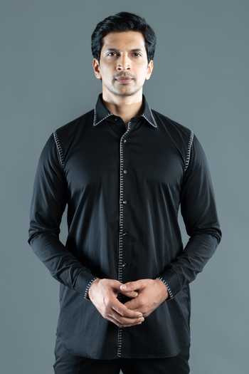 Buy_Varoin Marwah_Black Cotton Satin The Overlock Atelier Shirt _at_Aza_Fashions