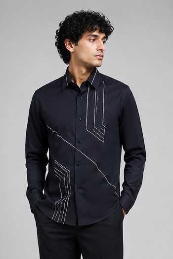 Buy_Varoin Marwah_Blue Cotton Satin Linear Embroidered Shirt _at_Aza_Fashions