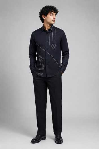 Varoin Marwah_Blue Cotton Satin Linear Embroidered Shirt _Online_at_Aza_Fashions