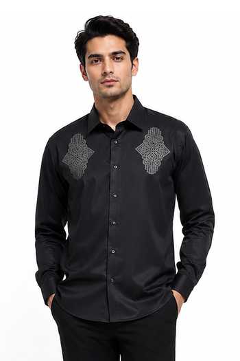 Buy_Varoin Marwah_Black Cotton Satin Leather Patchwork Embroidered Shirt _at_Aza_Fashions