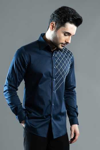 Buy_Varoin Marwah_Blue Cotton Satin The Diagonal Grid Pattern Croise Shirt _at_Aza_Fashions