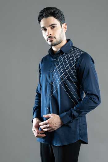 Varoin Marwah_Blue Cotton Satin The Diagonal Grid Pattern Croise Shirt _Online_at_Aza_Fashions