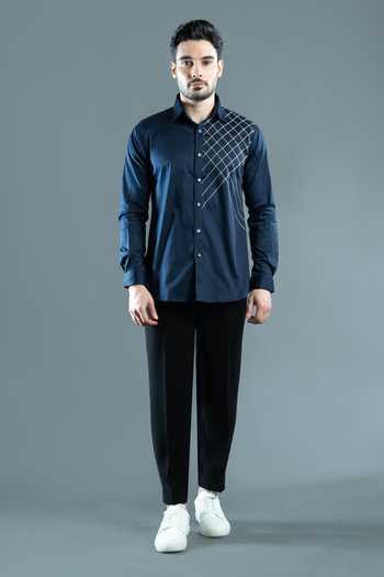 Buy_Varoin Marwah_Blue Cotton Satin The Diagonal Grid Pattern Croise Shirt _Online_at_Aza_Fashions