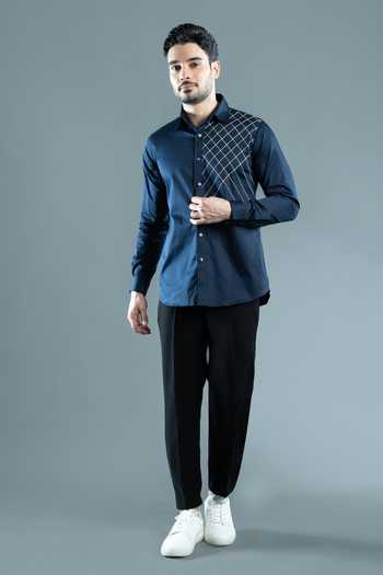 Varoin Marwah_Blue Cotton Satin The Diagonal Grid Pattern Croise Shirt _at_Aza_Fashions