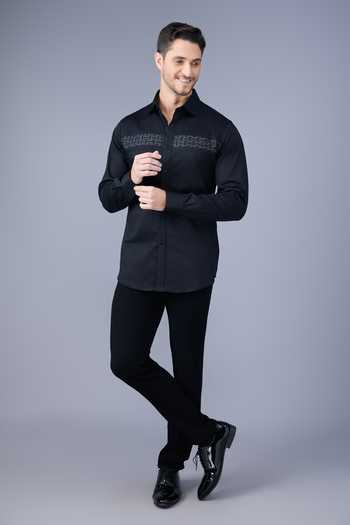 Varoin Marwah_Black Cotton Satin The Onyx Lattic Shirt _Online_at_Aza_Fashions