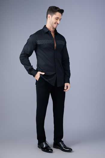 Buy_Varoin Marwah_Black Cotton Satin The Onyx Lattic Shirt _Online_at_Aza_Fashions
