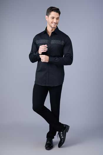 Shop_Varoin Marwah_Black Cotton Satin The Onyx Lattic Shirt _Online_at_Aza_Fashions