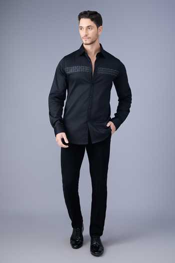 Varoin Marwah_Black Cotton Satin The Onyx Lattic Shirt _at_Aza_Fashions