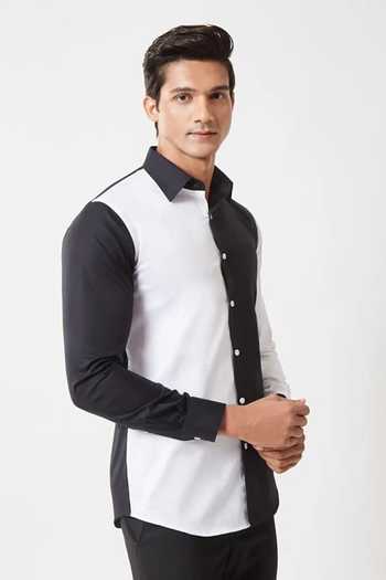 Buy_Varoin Marwah_Black Cotton Satin The Equilibrium Colorblock Shirt _at_Aza_Fashions
