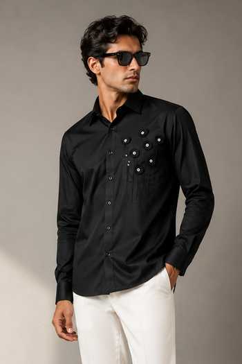 Buy_Varoin Marwah_Black Cotton Satin Felt Embroidered Shirt _at_Aza_Fashions
