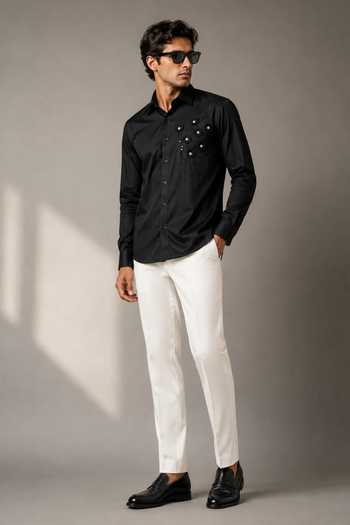 Varoin Marwah_Black Cotton Satin Felt Embroidered Shirt _Online_at_Aza_Fashions