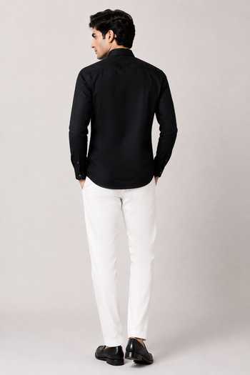 Shop_Varoin Marwah_Black Cotton Satin Diagonal Stripe Pattern Shirt _at_Aza_Fashions
