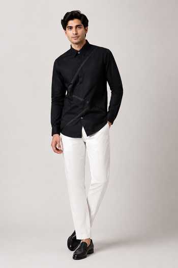 Varoin Marwah_Black Cotton Satin Diagonal Stripe Pattern Shirt _Online_at_Aza_Fashions