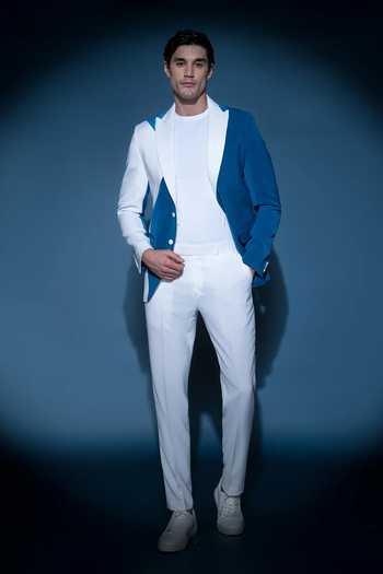 Varoin Marwah_Blue Crepe The Cubist Colorblock Blazer _Online_at_Aza_Fashions