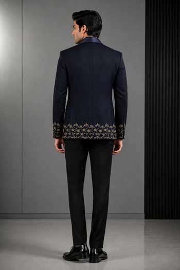 Shop_Varoin Marwah_Navy Suiting Zari Embroidered Tuxedo Set _at_Aza_Fashions