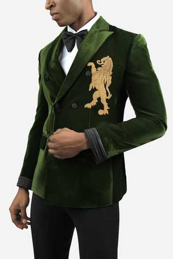 Buy_Varoin Marwah_Green Velvet Lion Embroidered Blazer _Online_at_Aza_Fashions