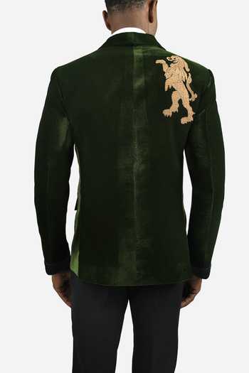 Shop_Varoin Marwah_Green Velvet Lion Embroidered Blazer _at_Aza_Fashions