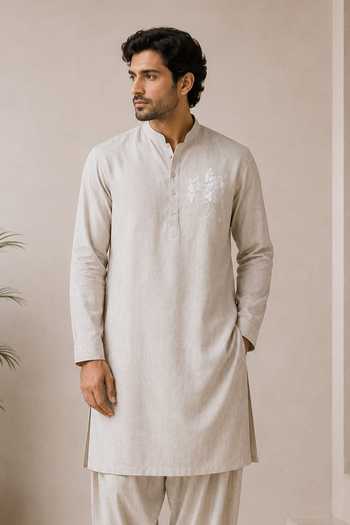 Varoin Marwah_Beige Linen Plain Kurta Set _Online_at_Aza_Fashions